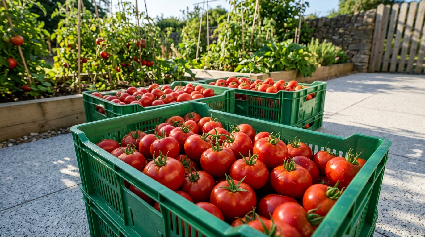 Massive crates of freshly harvested backyard tomatoes